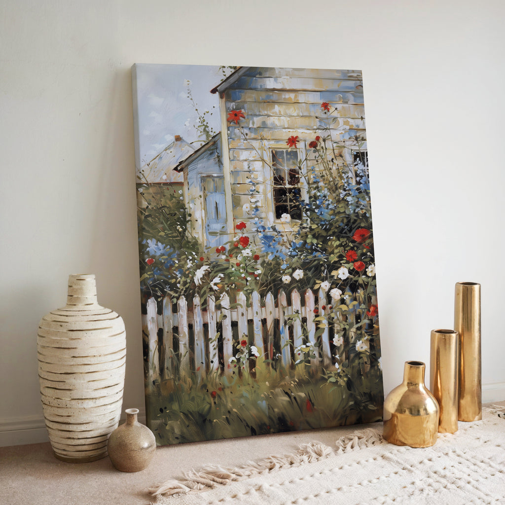 Country Home American Flowers Canvas Wall Art | Vintage Cottage Garden Picket Fence | Rustic Independence Day Decor