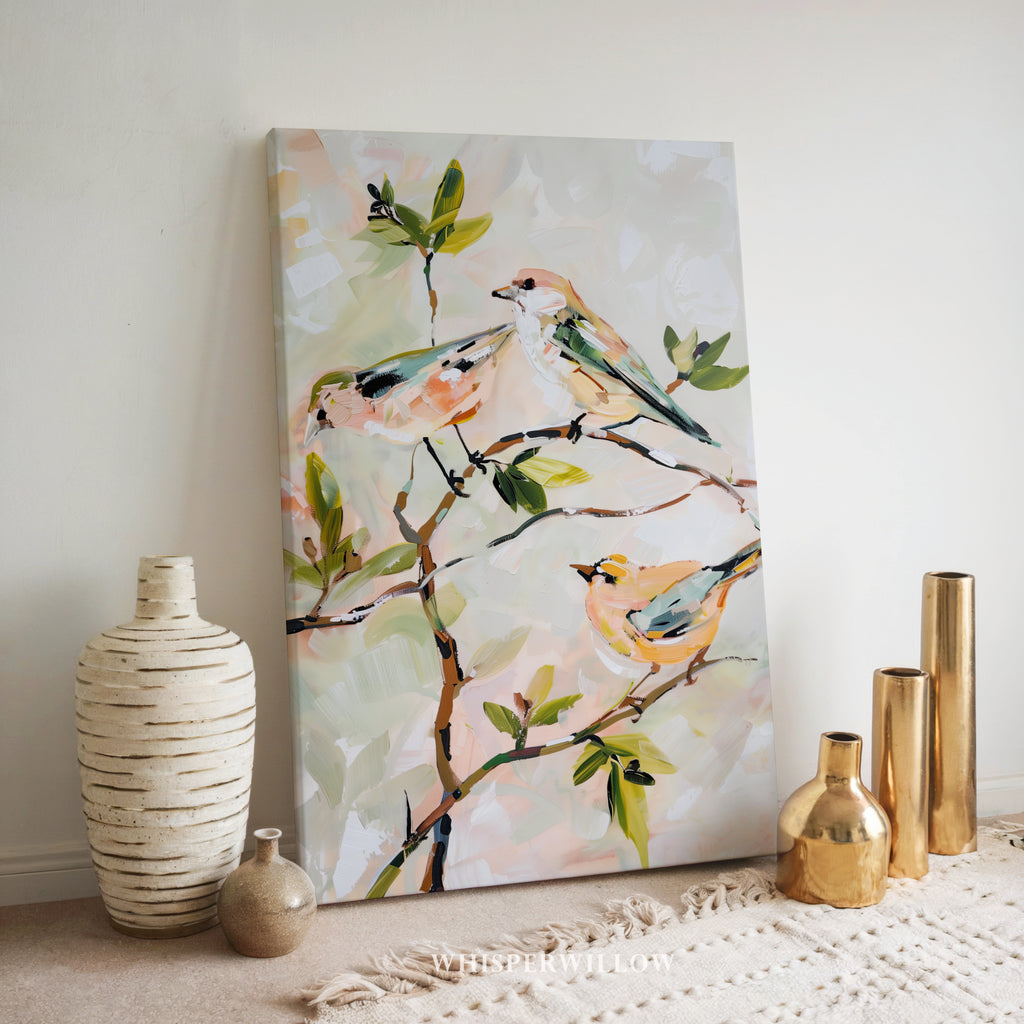 Leinwandbild „Pastellfarbene Singvögel“ – Neutrale botanische Zweige, Frühlingshaus, Natur-Tier-Vogel-Dekoration