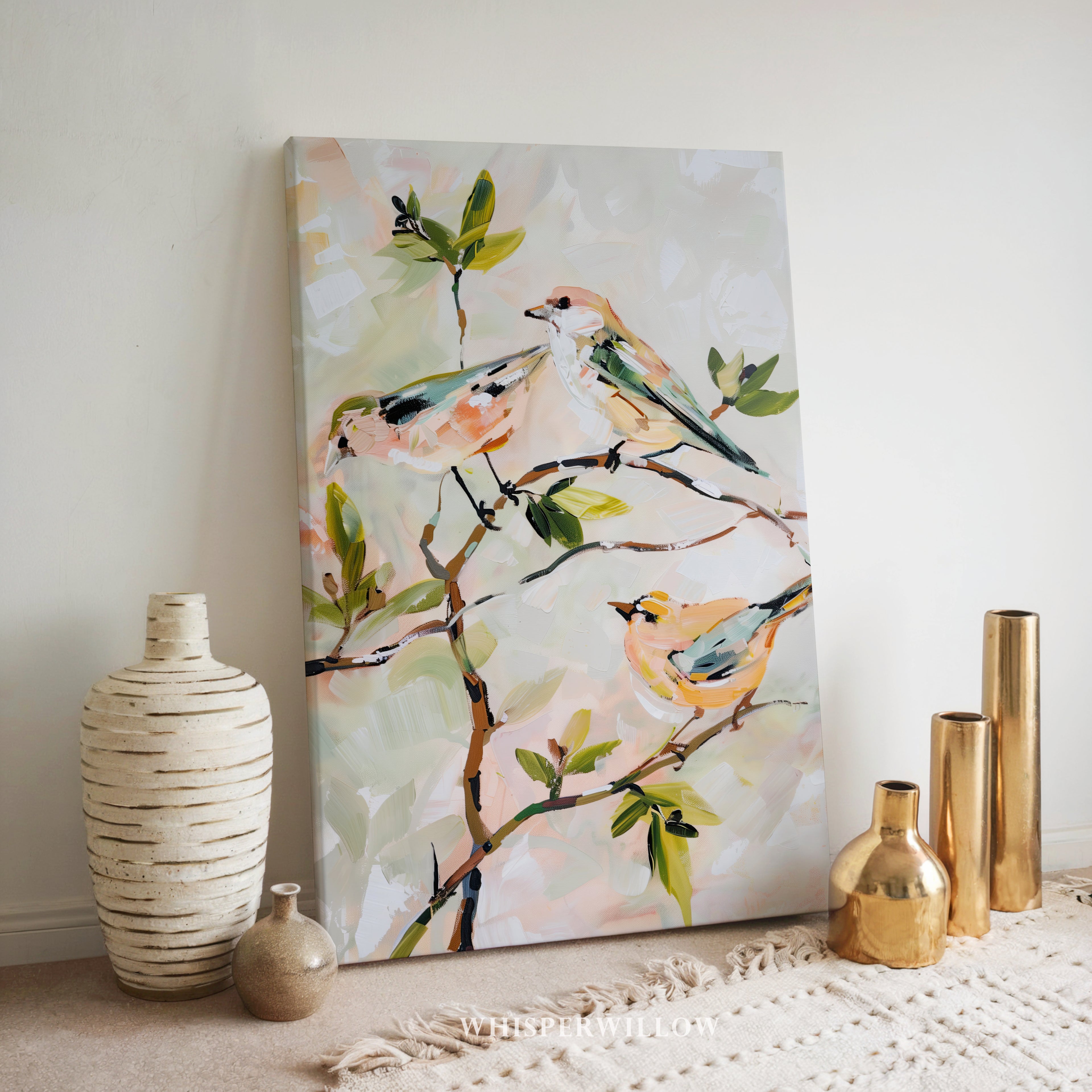 Leinwandbild „Pastellfarbene Singvögel“ – Neutrale botanische Zweige, Frühlingshaus, Natur-Tier-Vogel-Dekoration