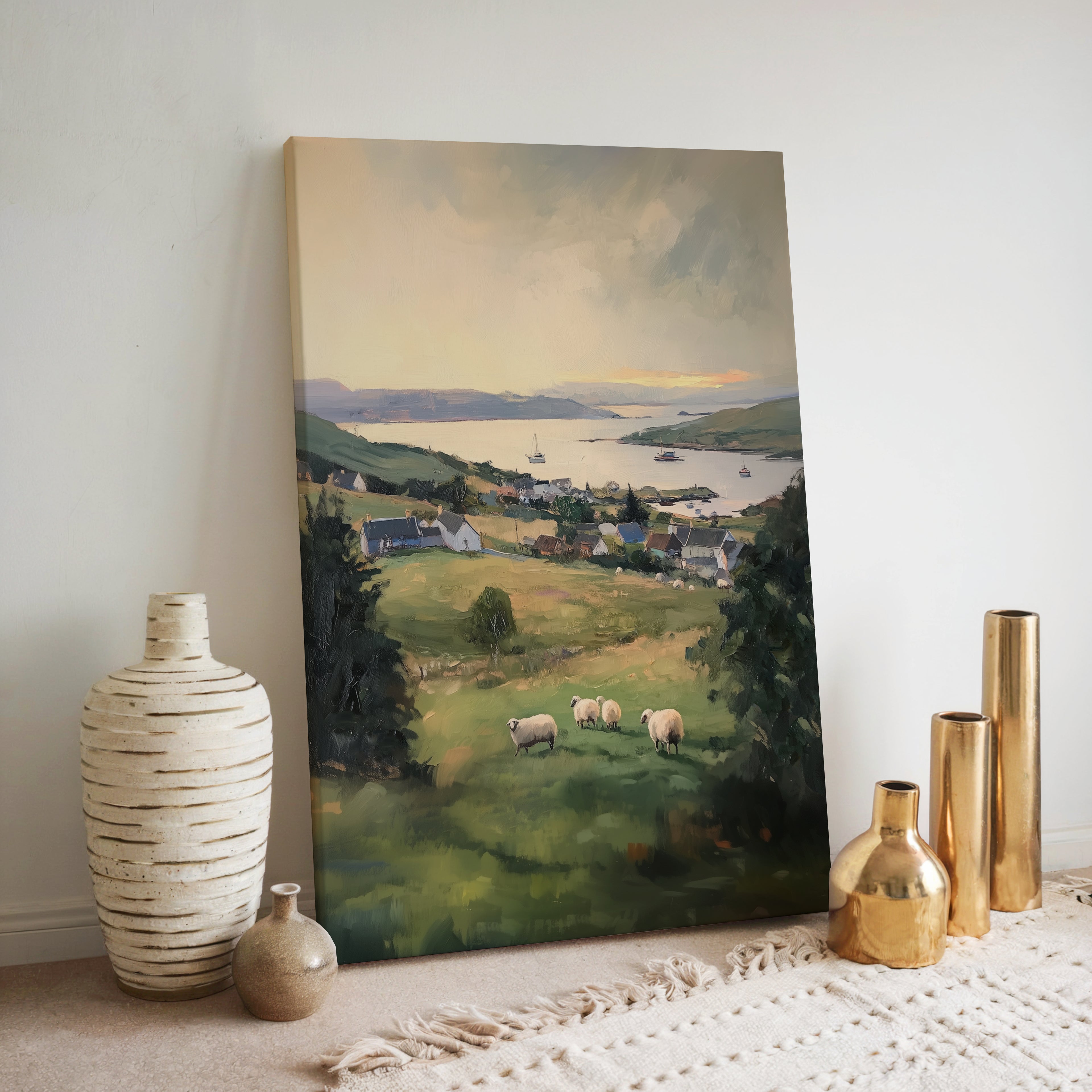 Irische Landschaftsmotive auf Leinwand | Schafweide an der Küste &amp; rustikales Cottage-Dorf | Vintage-Bauernhausdeko