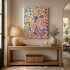 Farbenfrohes Blumenkonfetti-Leinwandbild – Abstrakte Pastellblüte, lebendige moderne botanische Kunst