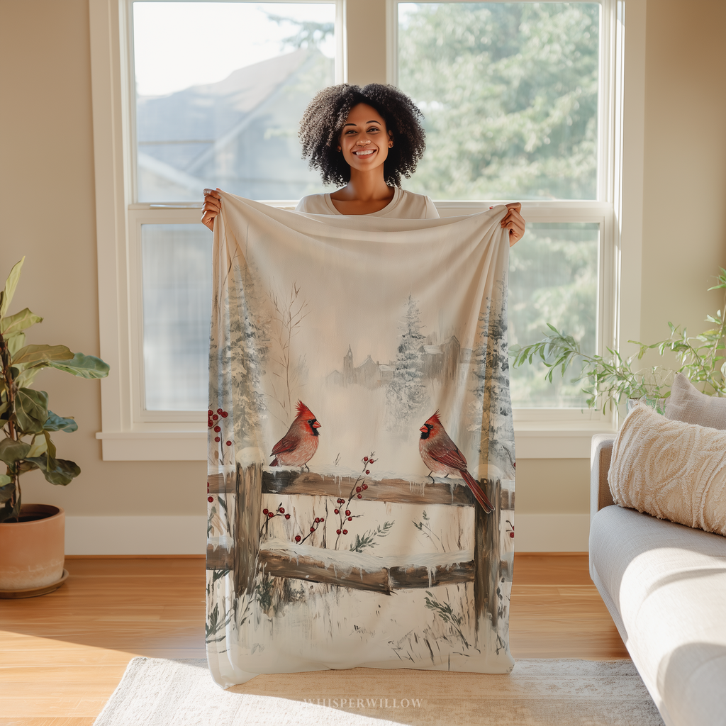 Winter Cardinal Birds Throw Blanket - Snowy Fence Rustic by WhisperWillow Studios Home Decor Gift