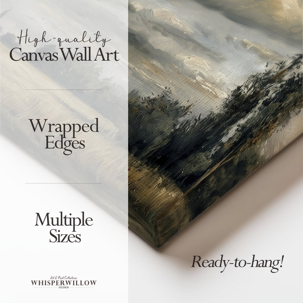 Leinwandbild „Stürmische Landschaft“ – Stimmungsvoller, bewölkter Himmel, Vintage-Landsonnenuntergang