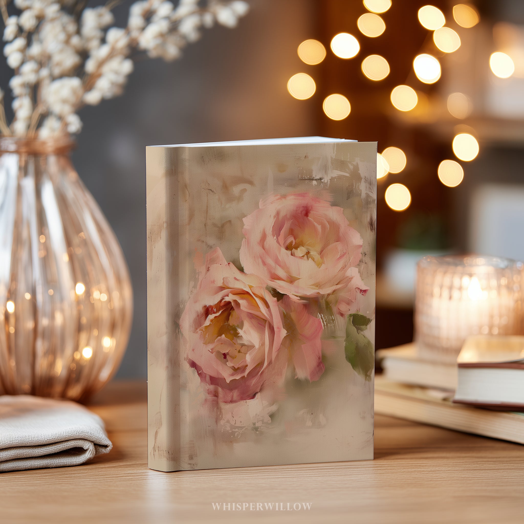 Book with floral design on a wooden surface with decorative elements