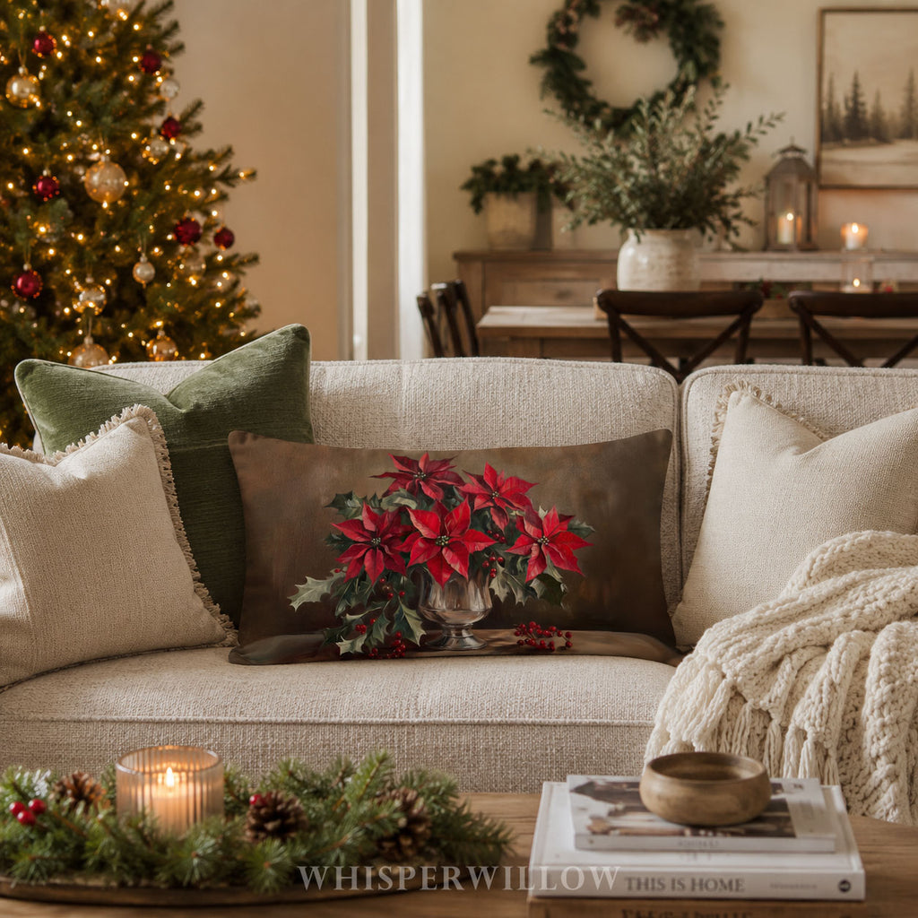 Coussin décoratif de Noël à motif poinsettia - Coussin rouge festif