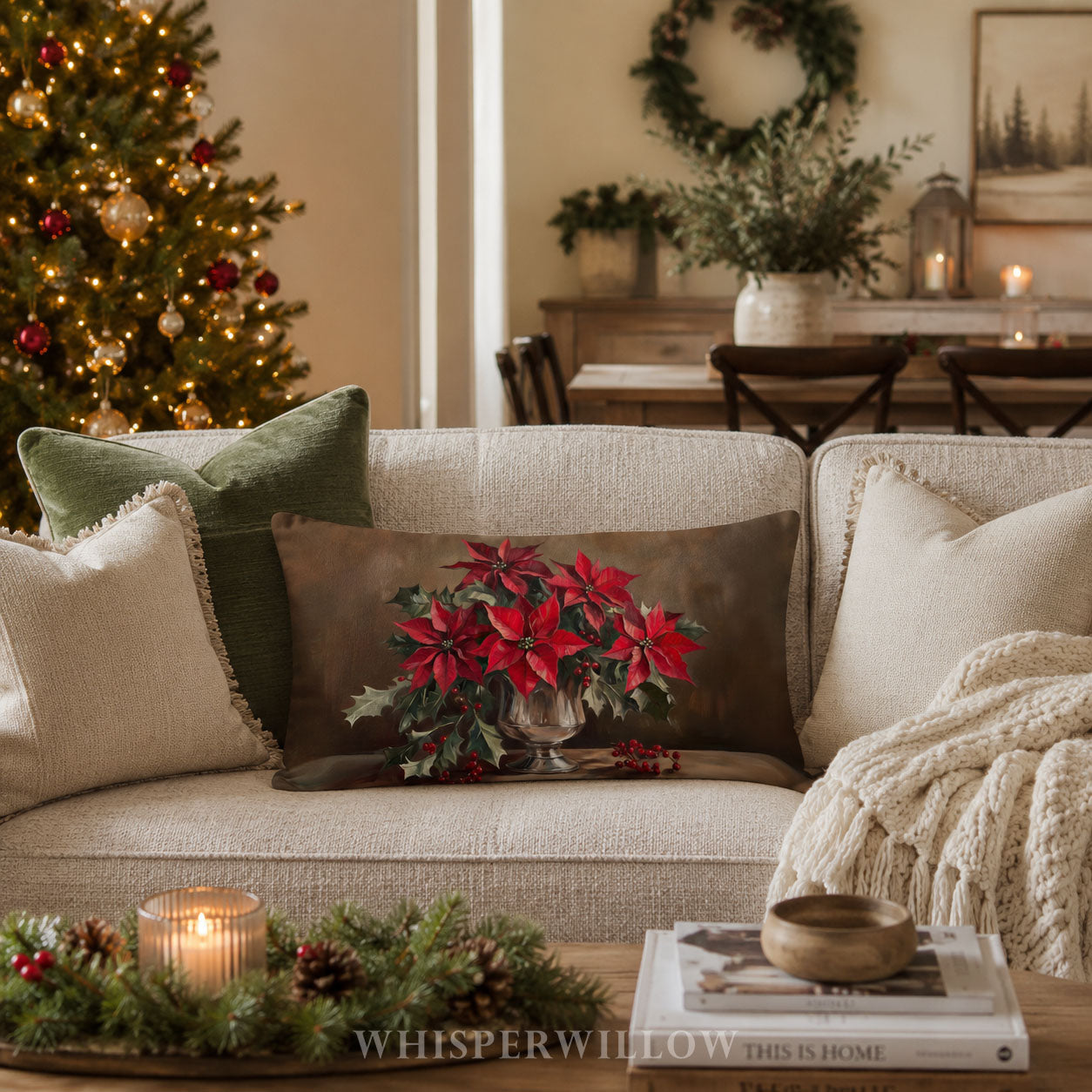 Christmas Poinsettia Throw Pillow - Red Holiday Cushion