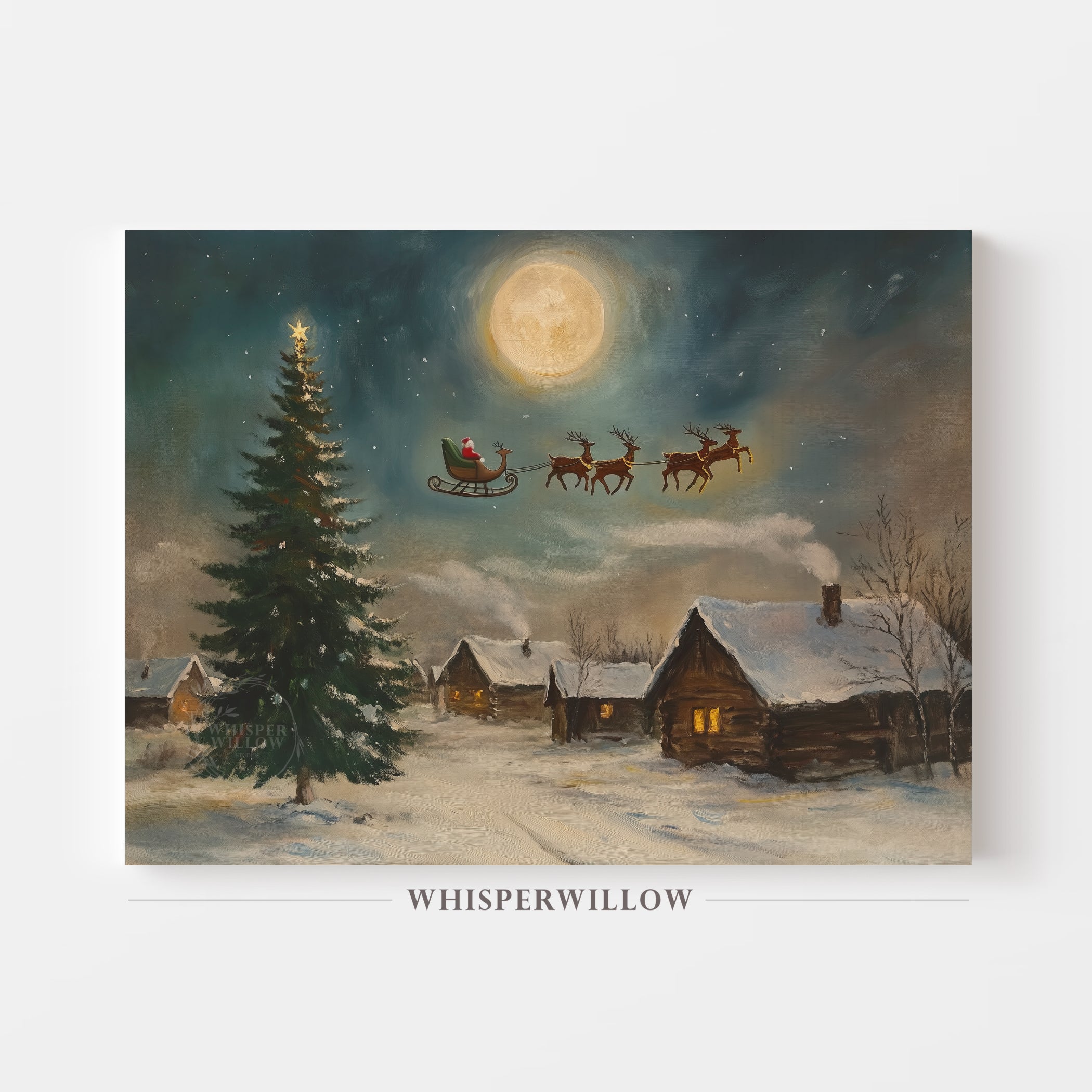 Santa Sleigh Over Moonlit Winter Sky Christmas Wall Art Holiday Home Decor Gift