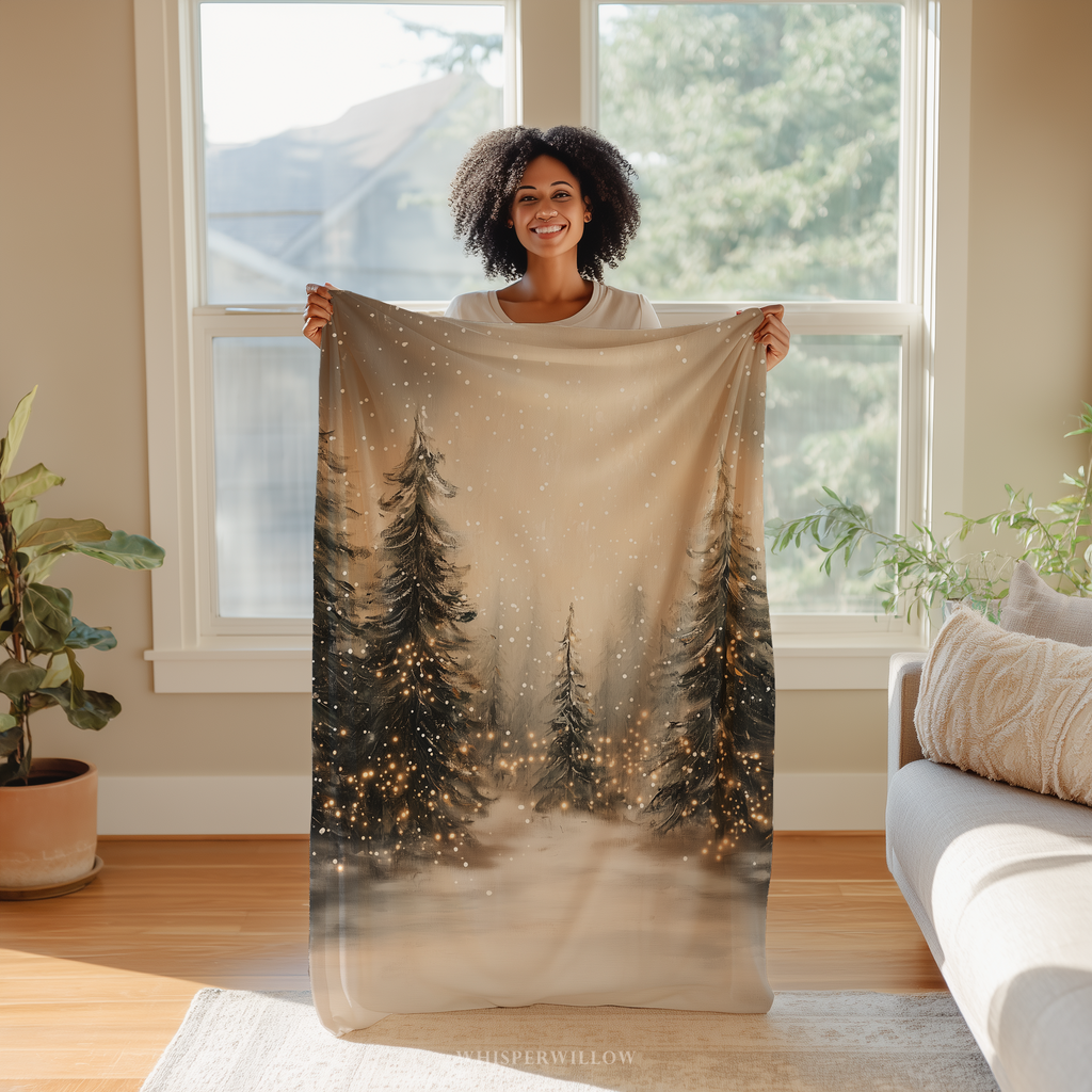 Snowy Pine Forest Throw Blanket - Winter Wonderland Lights by WhisperWillow Studios Home Decor Gift