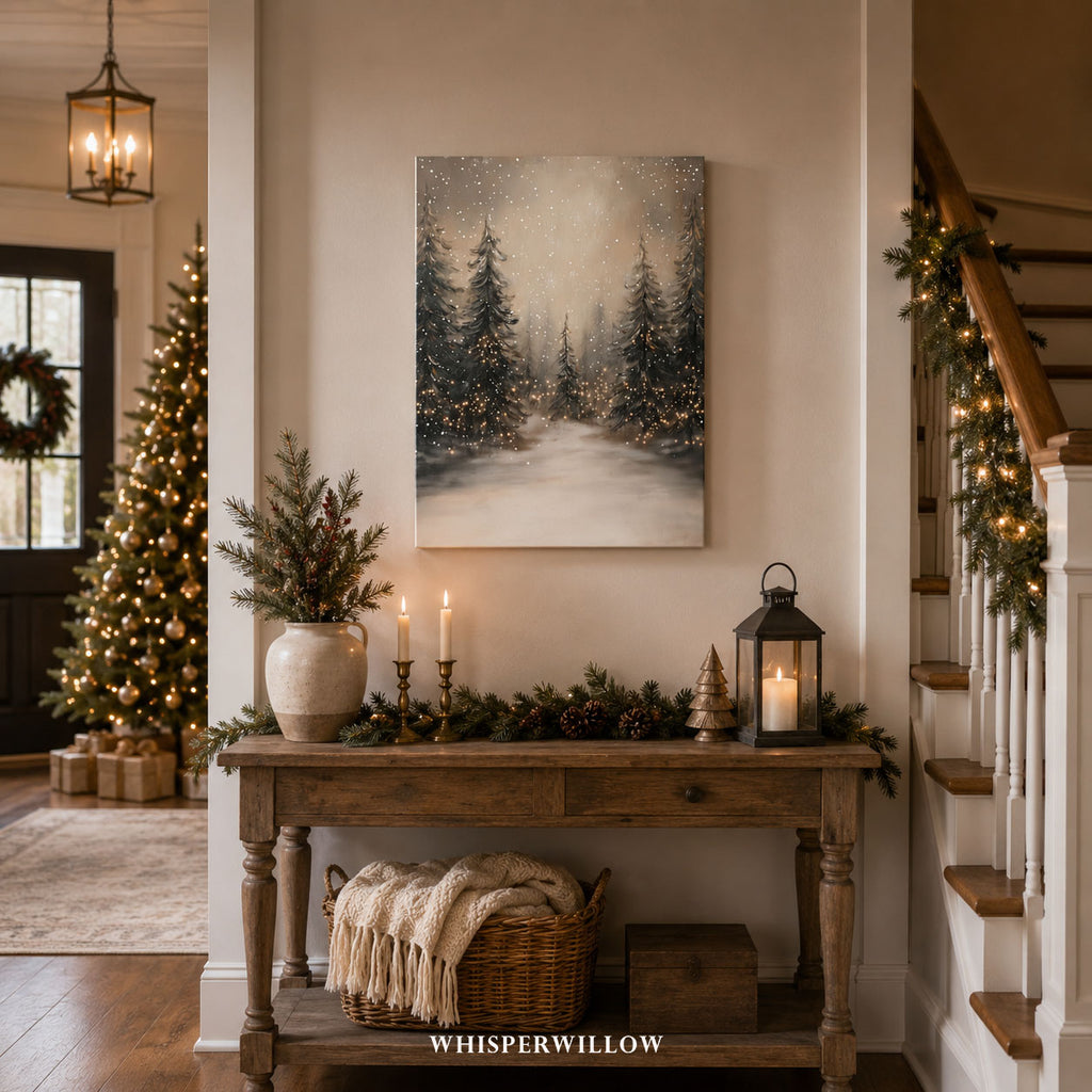 Tableau sur toile Forêt d'hiver avec guirlandes lumineuses | Scène de pinède enneigée | Décoration de Noël rustique