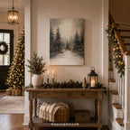 Tableau sur toile Forêt d'hiver avec guirlandes lumineuses | Scène de pinède enneigée | Décoration de Noël rustique