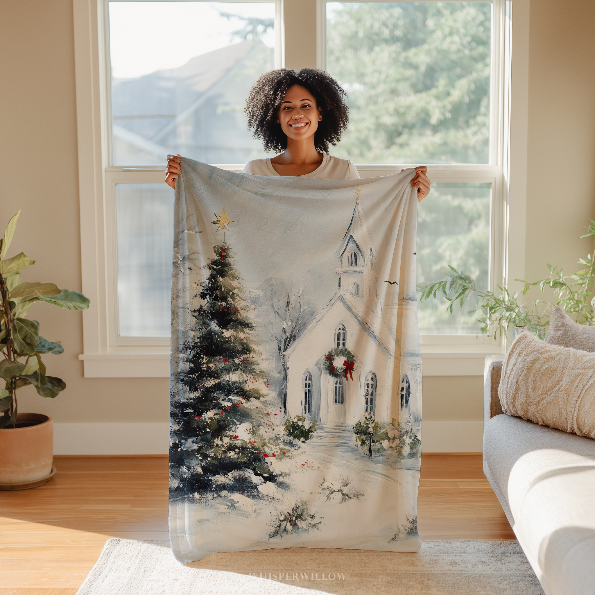 Christmas Church Throw Blanket - Snowy Winter Wonderland by WhisperWillow Studios Home Decor Gift