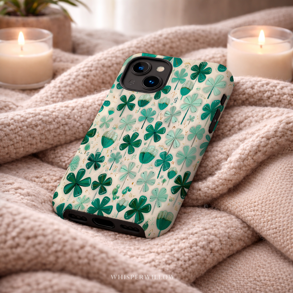 Teal Shamrock Dual Layer Phone Case | Compatible with iPhone  | Lucky Four Leaf Clover Cover