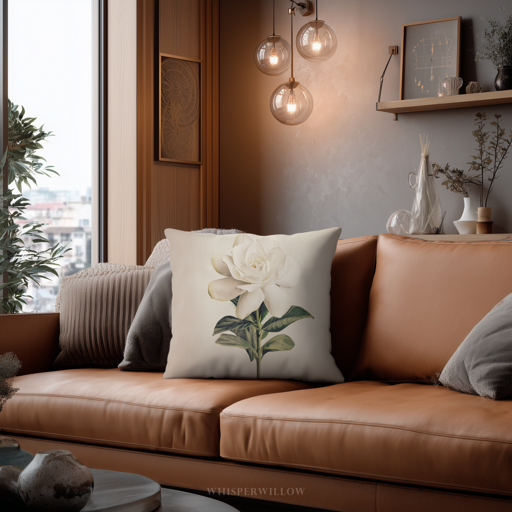 Coussin décoratif blanc gardénia | Motif floral élégant | Coussin décoratif minimaliste à motif botanique