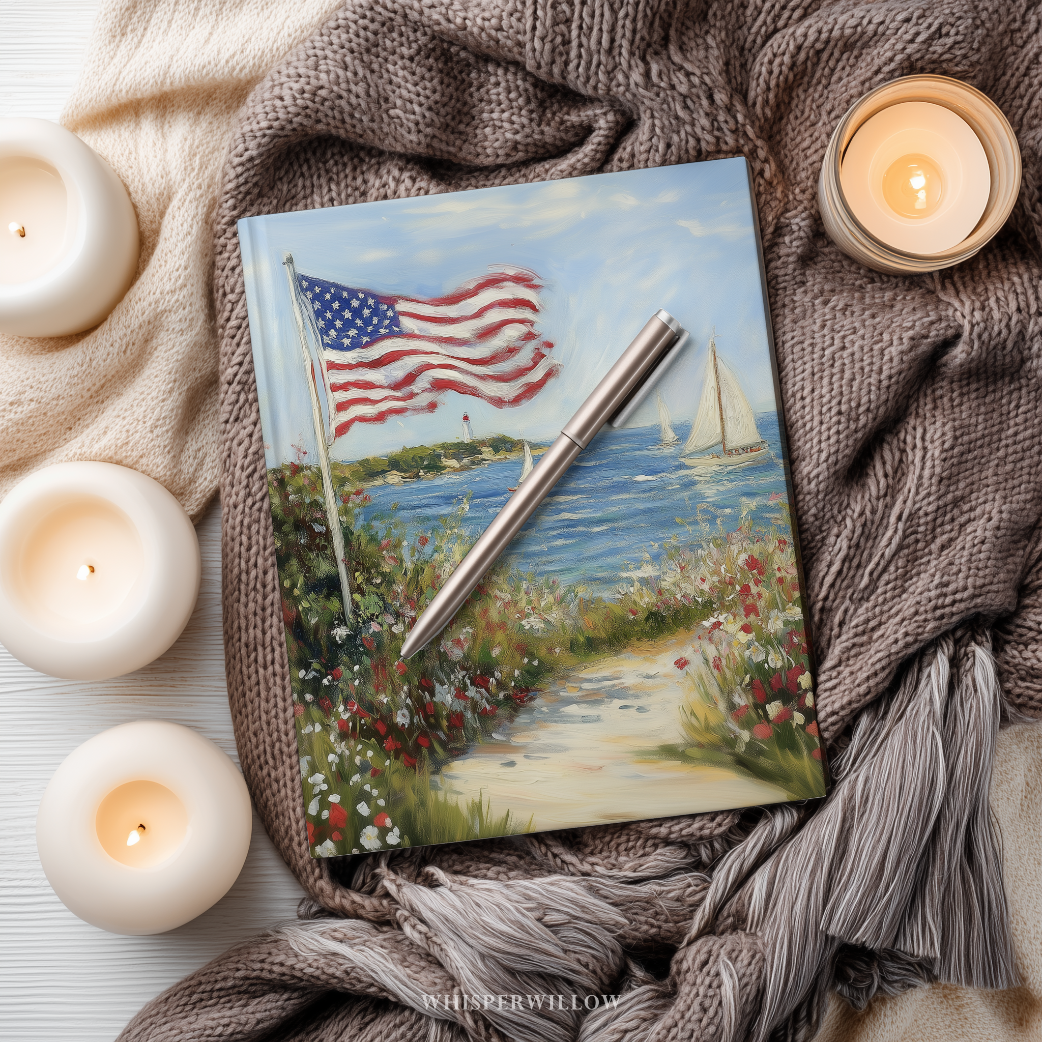 Coastal American Flag Hardcover Journal, Sailboat Wildflower Design, Independence Day Notebook, 8x5.75 Lined Pages by WhisperWillow Studios Home Decor Gift