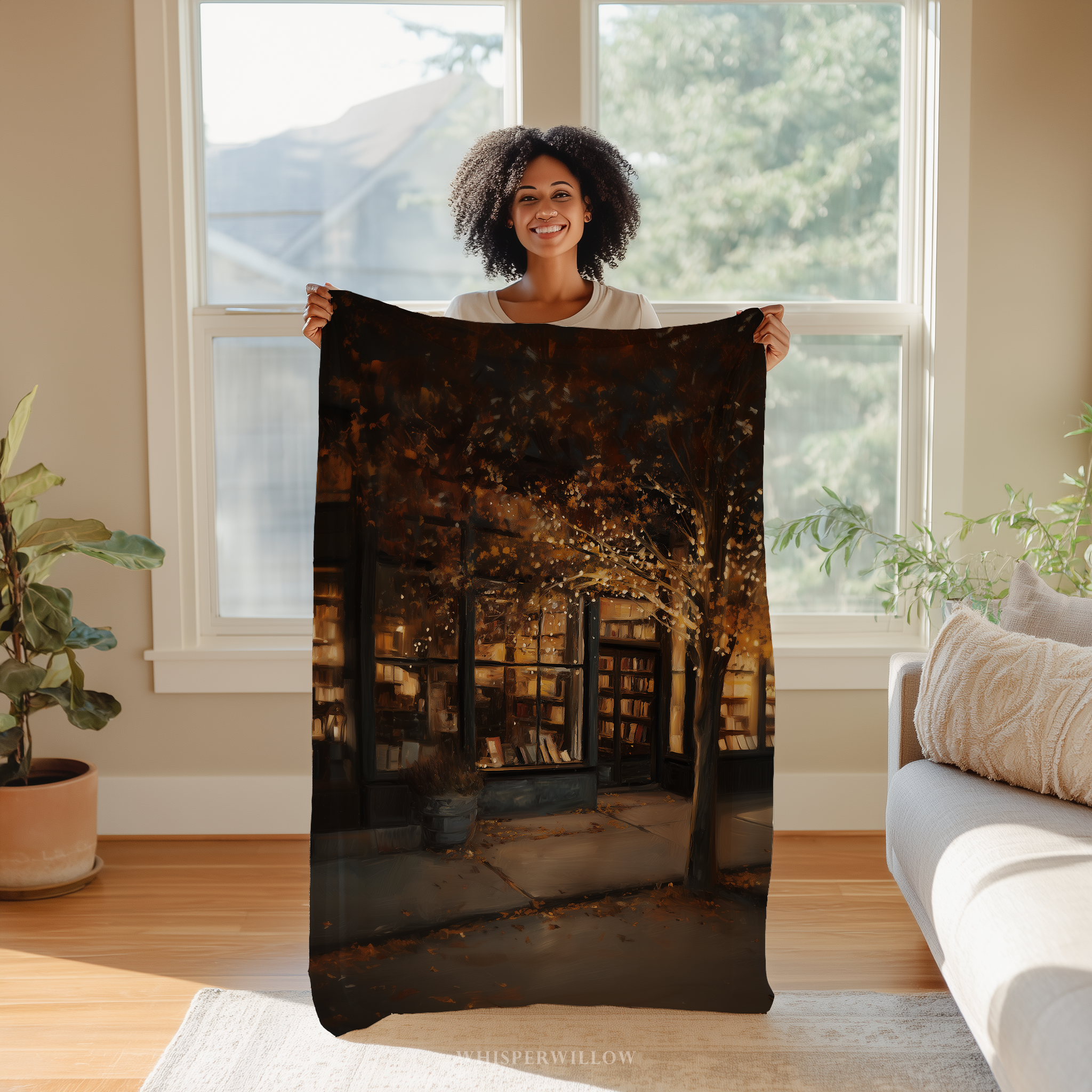 Cute Black African American Girld holding a Cozy Autumn Bookstore Throw Blanket - Warm Lights Fall Tree Gift by WhisperWillow Studios Home Decor Gift