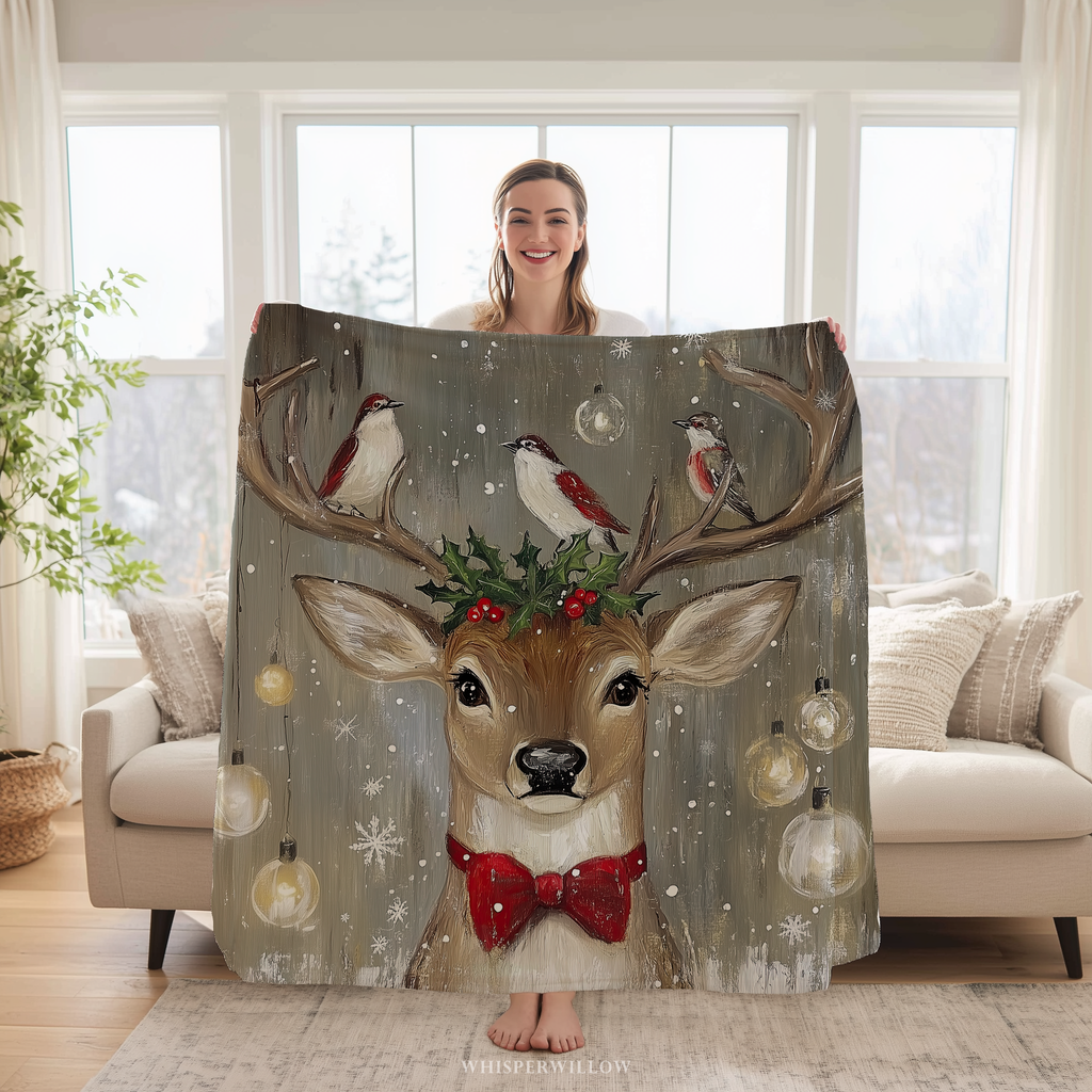 Christmas Deer Throw Blanket - Winter Holiday Reindeer Snow by WhisperWillow Studios Home Decor Gift