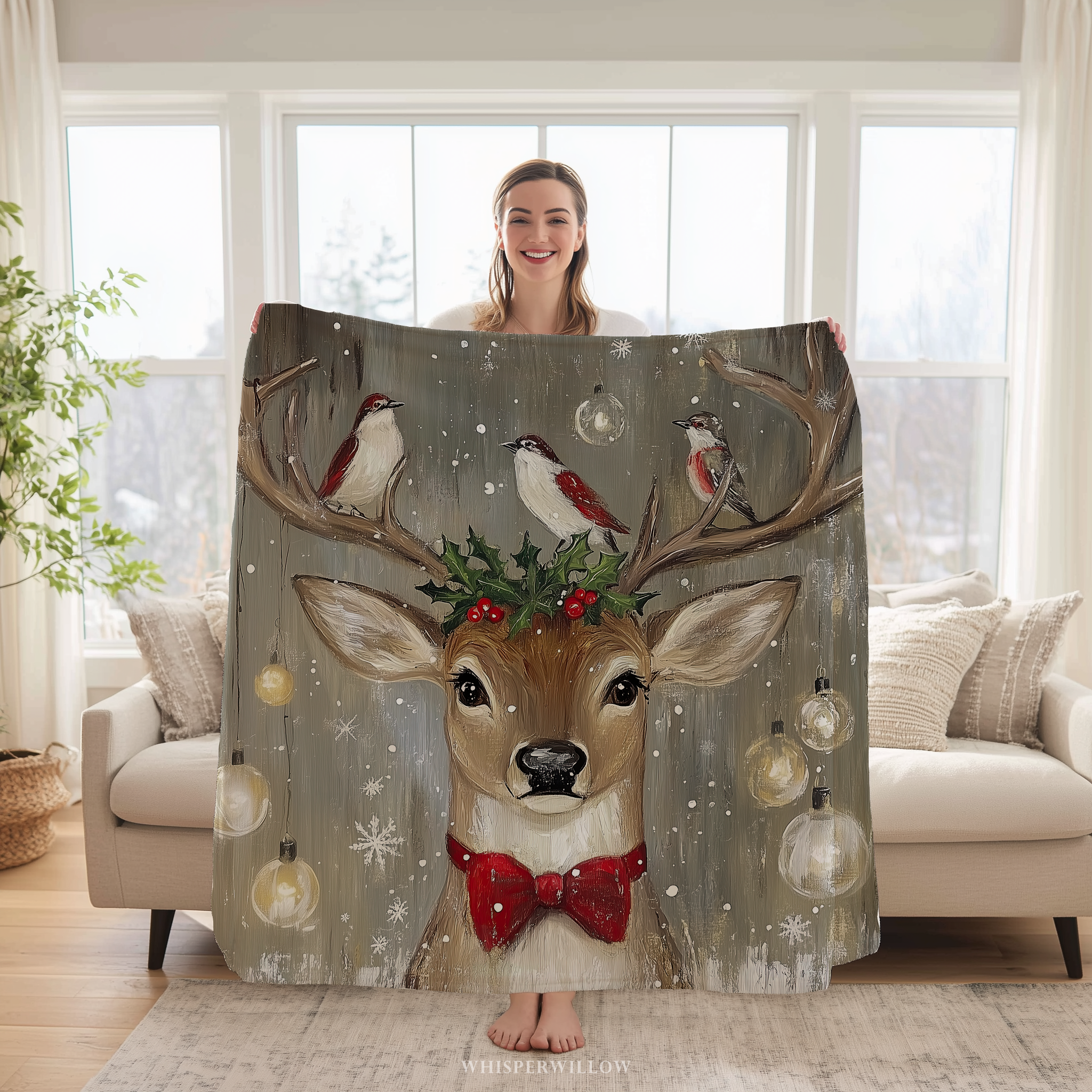 Christmas Deer Throw Blanket - Winter Holiday Reindeer Snow by WhisperWillow Studios Home Decor Gift