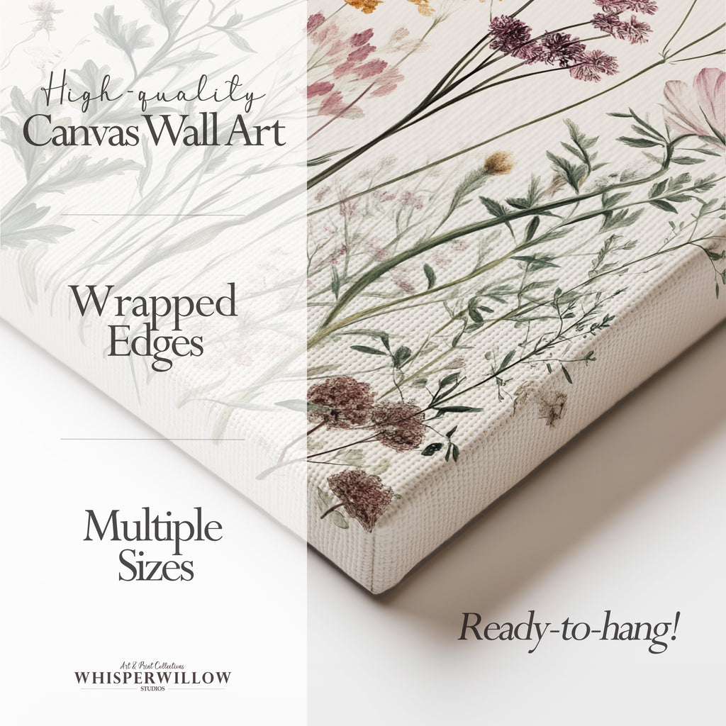 Wildflower Meadow Canvas Wall Art | Neutral Botanical Floral Illustration | Cottagecore Vintage Nature Decor | Minimalist Bedroom Artwork