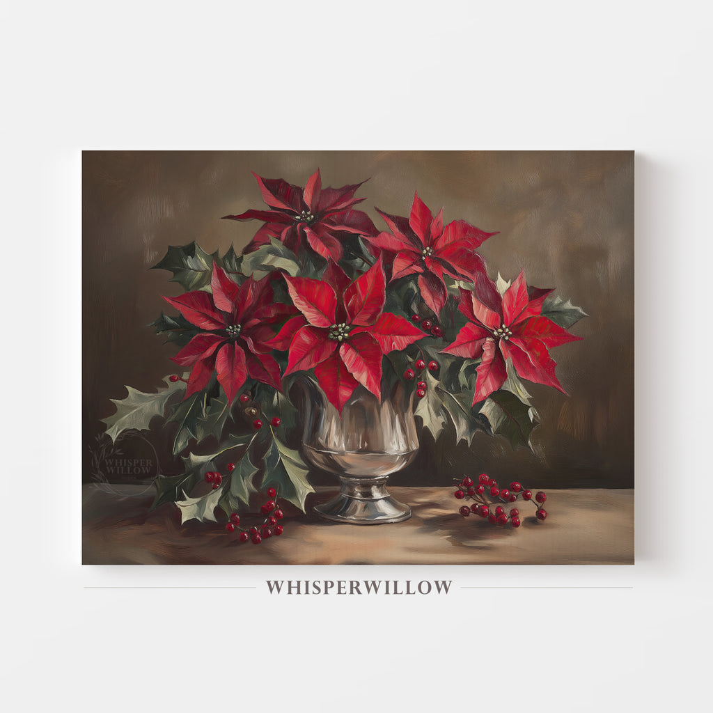 Holiday Poinsettia Floral Still Life Canvas Wall Art Christmas Home Decor Gift