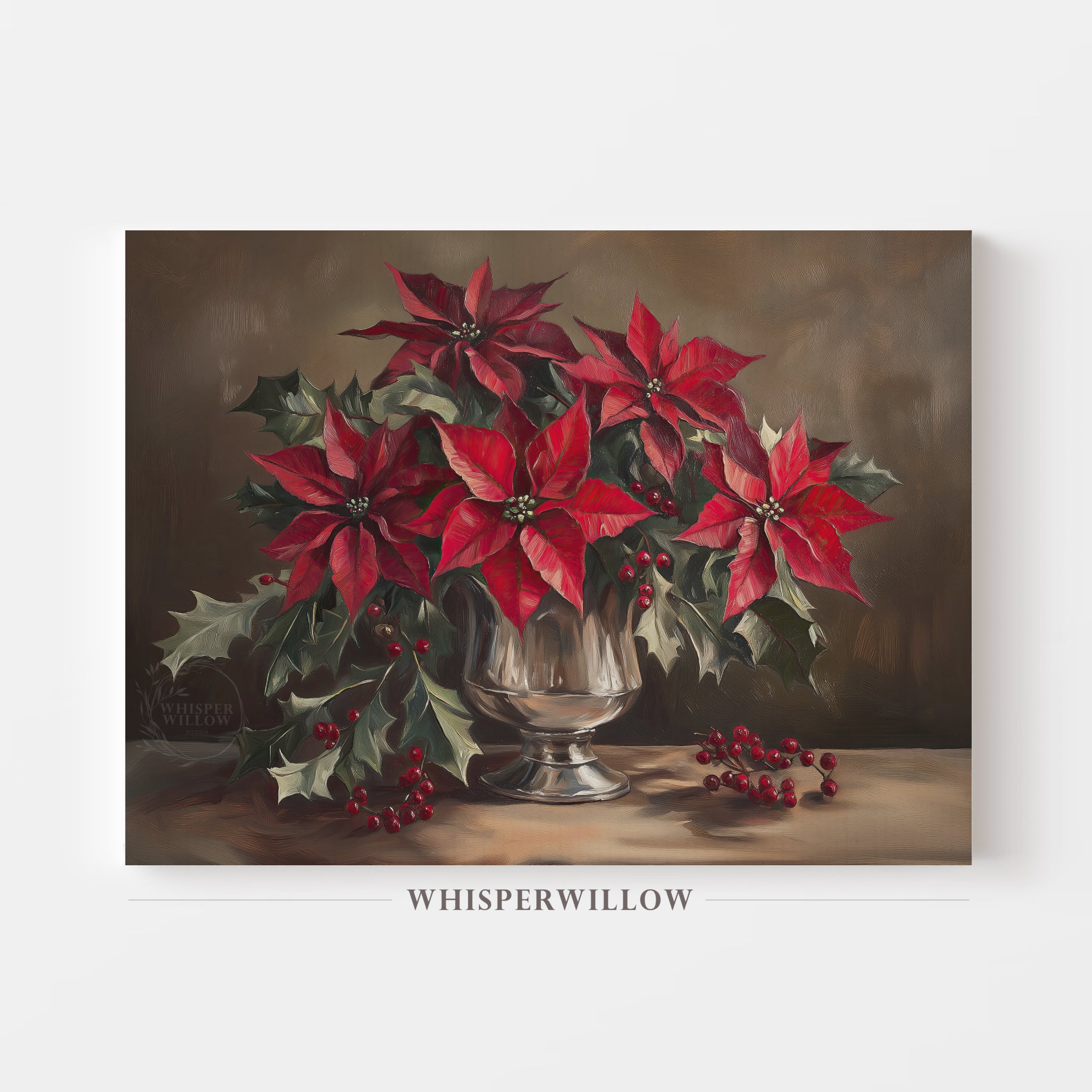 Holiday Poinsettia Floral Still Life Canvas Wall Art Christmas Home Decor Gift