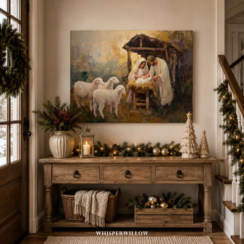 Weihnachtskrippe als Leinwandbild – Heilige Familie, Jesuskind, Krippe mit Schafen