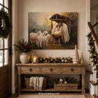 Weihnachtskrippe als Leinwandbild – Heilige Familie, Jesuskind, Krippe mit Schafen