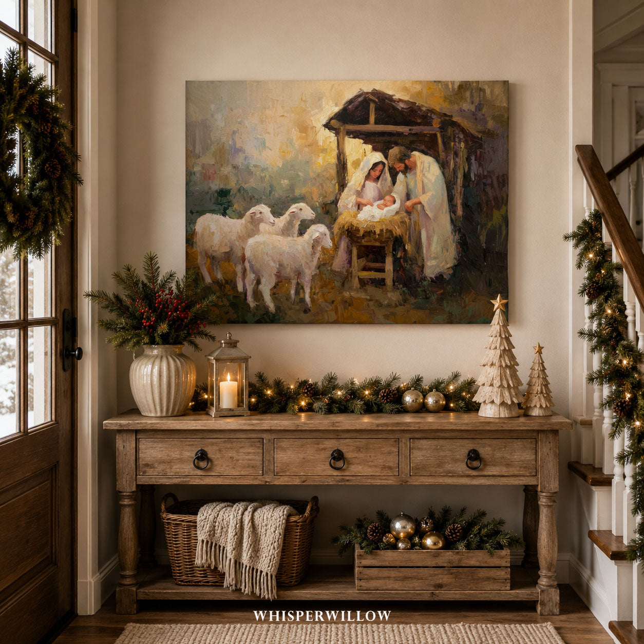 Christmas Nativity Scene Canvas Wall Art - Holy Family Baby Jesus Manger with Sheep