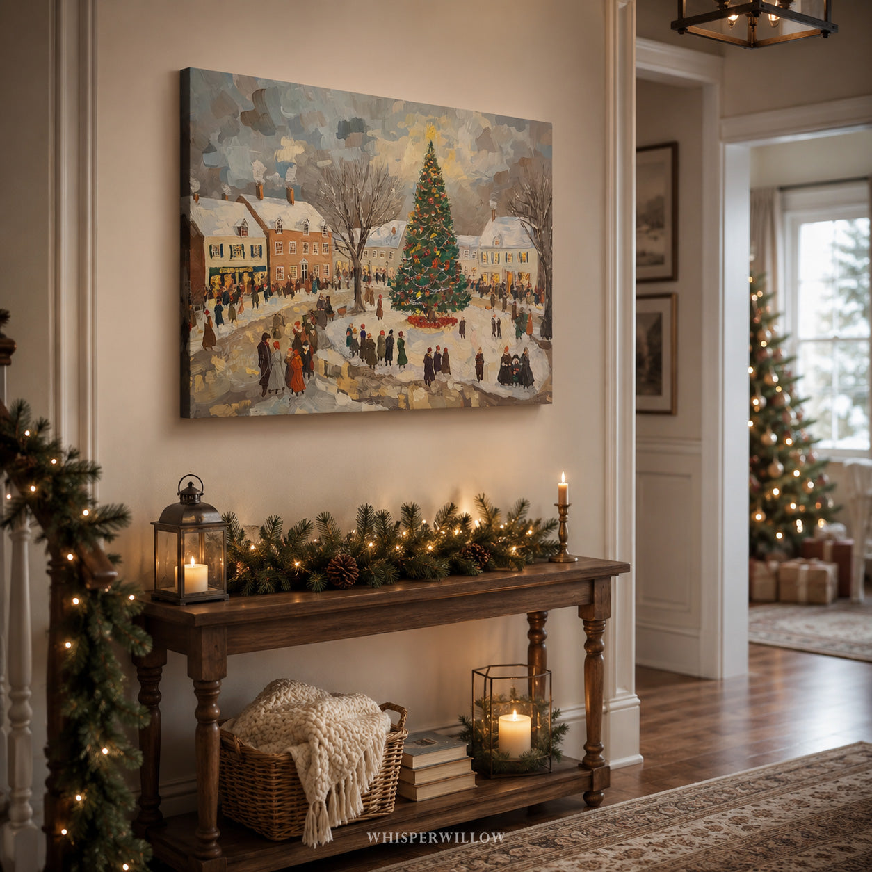 Winter Canvas Wall Art | Vintage Christmas Village Town Square Scene | Holiday Home Decor Gift