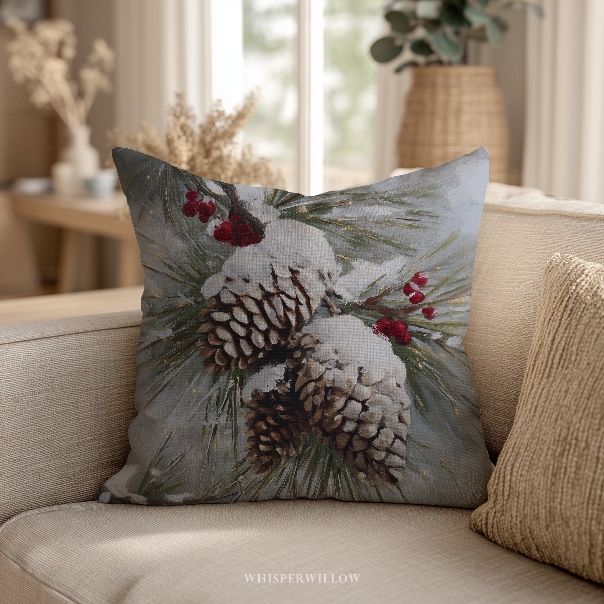 Winterliches Dekokissen mit verschneiten Tannenzapfen – Weihnachtskissen mit roten Beeren