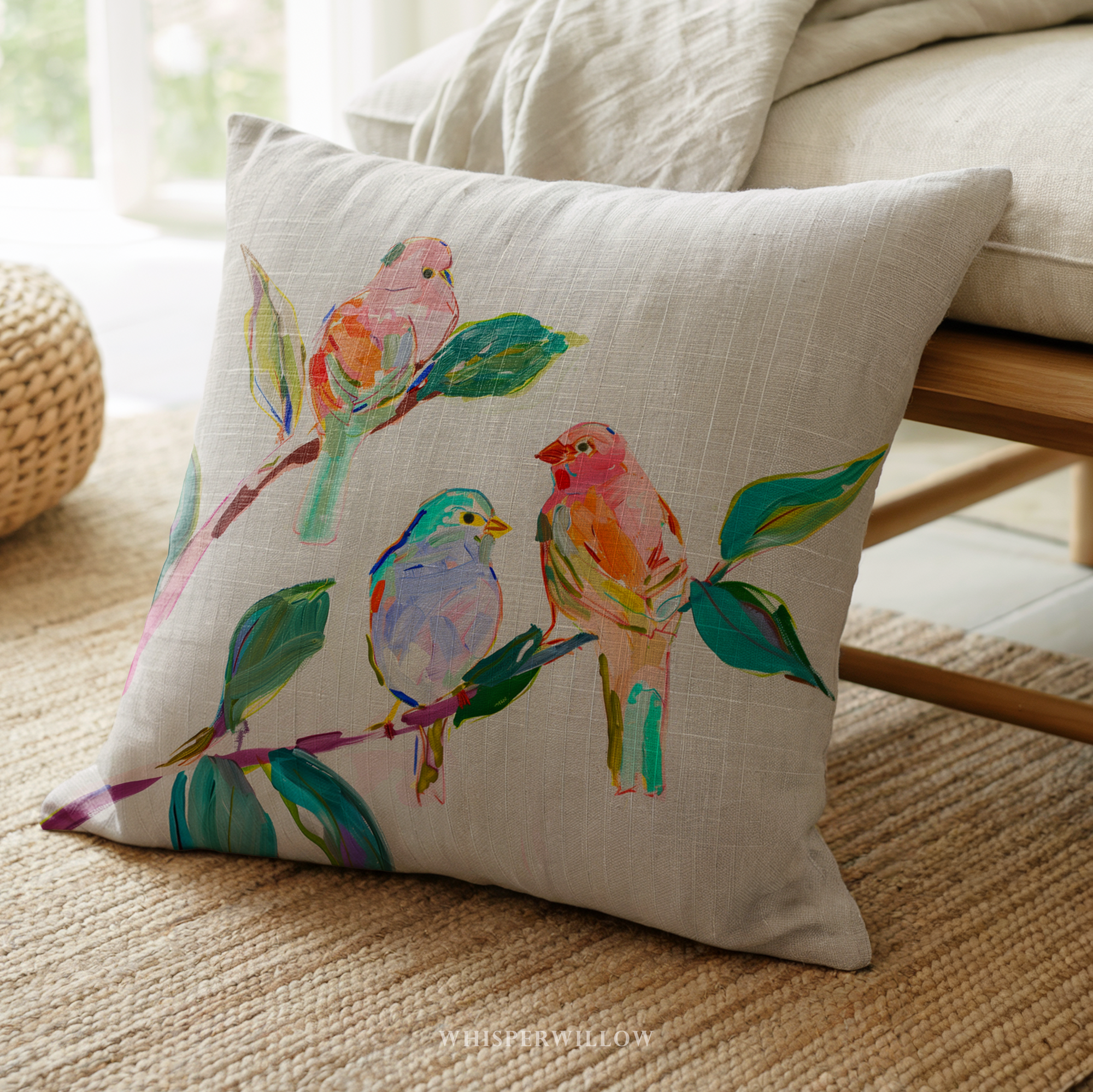 Colorful Bird Throw Pillow and Case - Abstract Botanical Branch Cushion Modern Nature Decor Gift