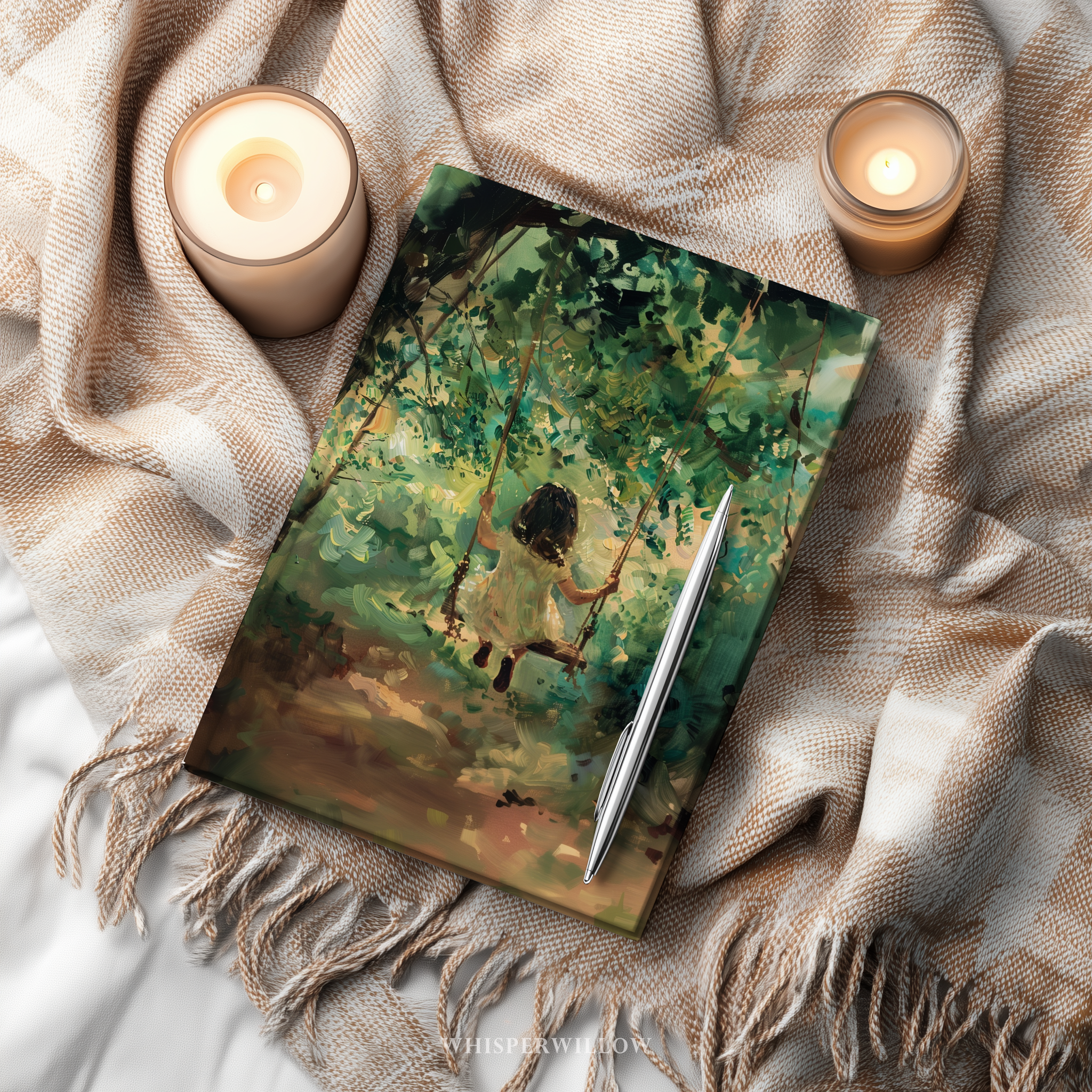 Whimsical Forest Swing Hardcover Journal - Girl Sunlit Woodland Nature Writer Notebook by WhisperWillow Studios Home Decor Gift