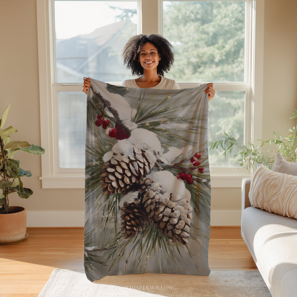 Snowy Pinecone Throw Blanket - Evergreen Red Berry Winter by WhisperWillow Studios Home Decor Gift