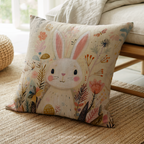 Whimsical Easter Bunny Throw Pillow, Floral Meadow Spring Pastel Design, Rabbit Eggs Farmhouse Decor, Nursery Gift for Kids and Adults by WhisperWillow Studios Home Decor Gift
