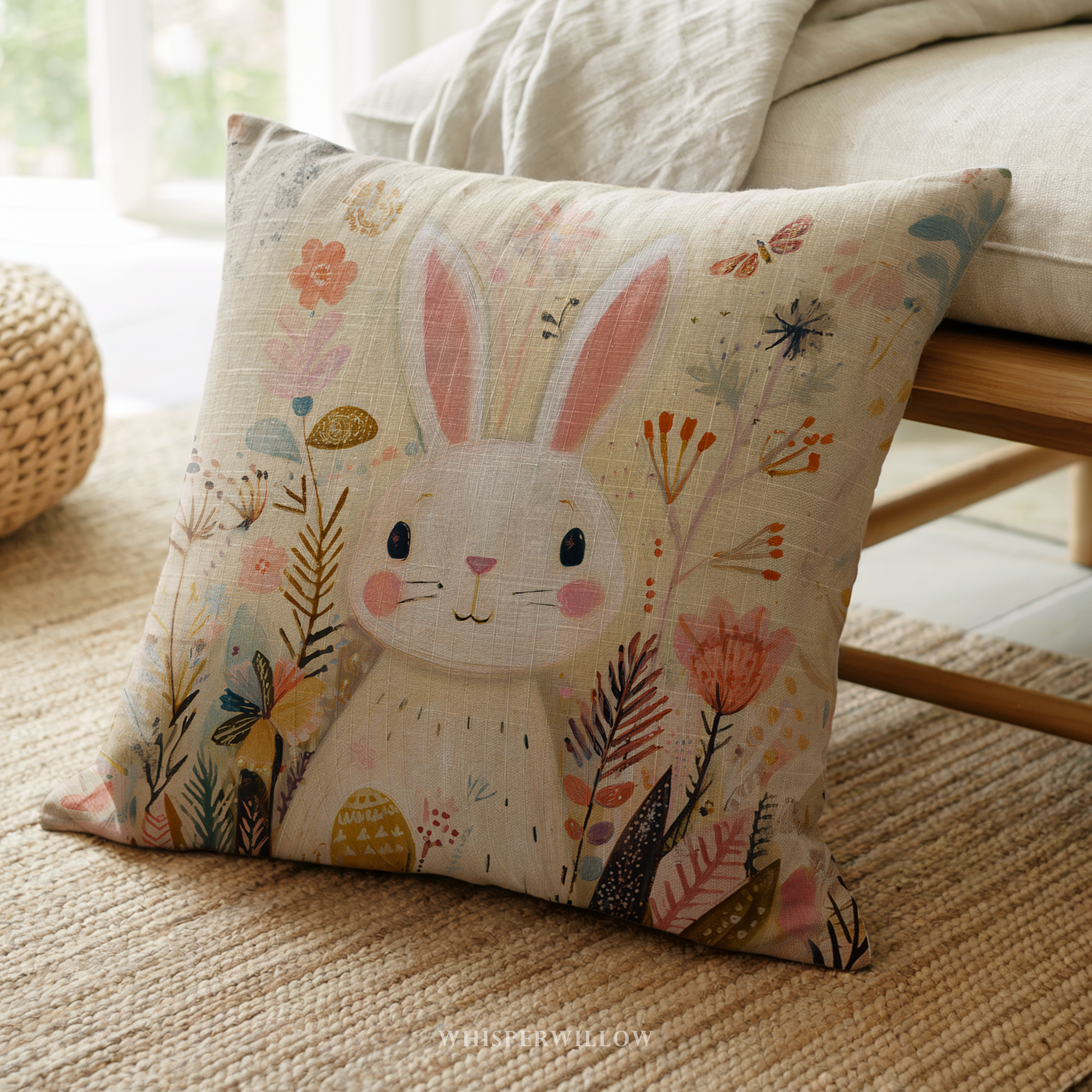 Whimsical Easter Bunny Throw Pillow, Floral Meadow Spring Pastel Design, Rabbit Eggs Farmhouse Decor, Nursery Gift for Kids and Adults by WhisperWillow Studios Home Decor Gift