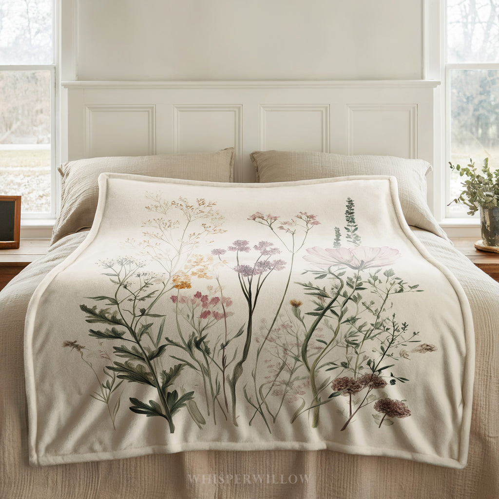 Wildflower Botanical Plush Throw Blanket | Vintage Meadow Floral Cottagecore | Neutral Garden Decor Gift
