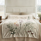 Wildflower Botanical Plush Throw Blanket | Vintage Meadow Floral Cottagecore | Neutral Garden Decor Gift