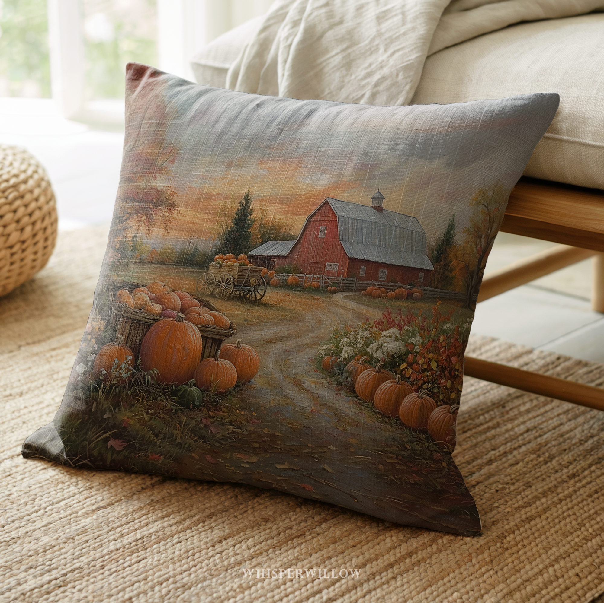 Autumn Pumpkin Farm Throw Pillow and Case - Red Barn Fall Harvest Landscape Country Decor Gift