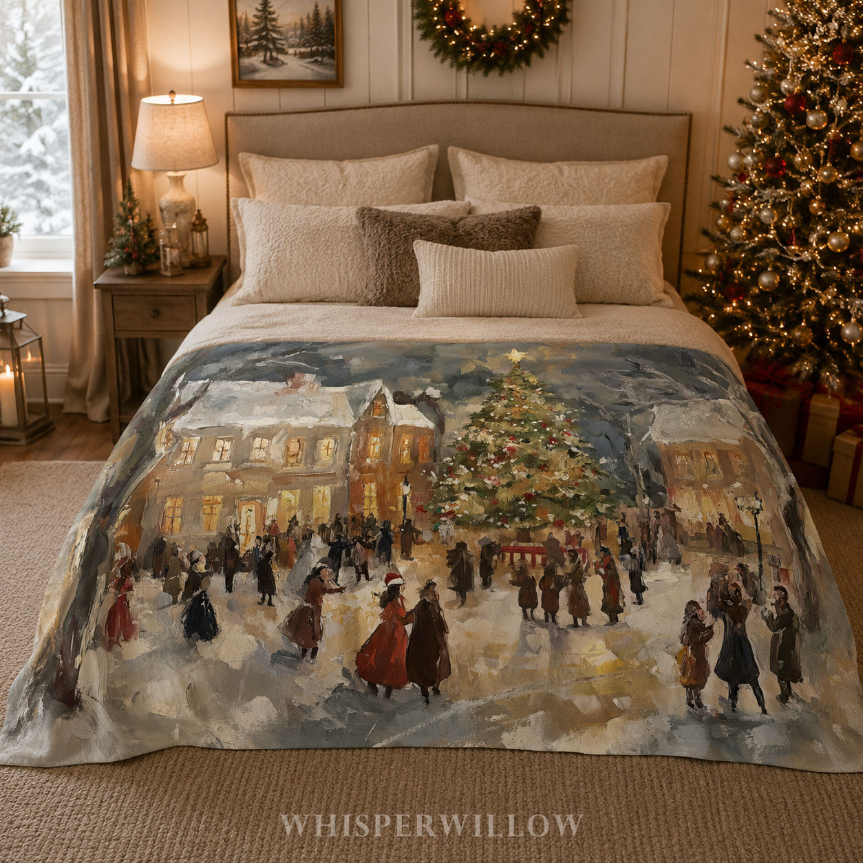 Vintage Christmas Eve Village Throw Blanket - Snowy Tree Town Square Gift