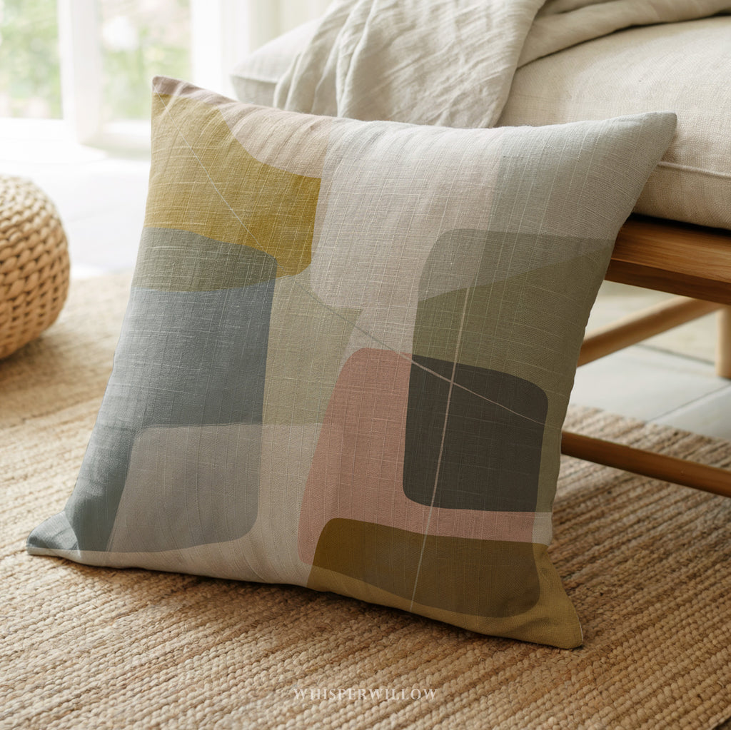 Abstract Geometric Throw Pillow | Modern Minimalist Neutral Blush | Blue Gold Lumbar Accent Cushion | Contemporary Home Decor Gift