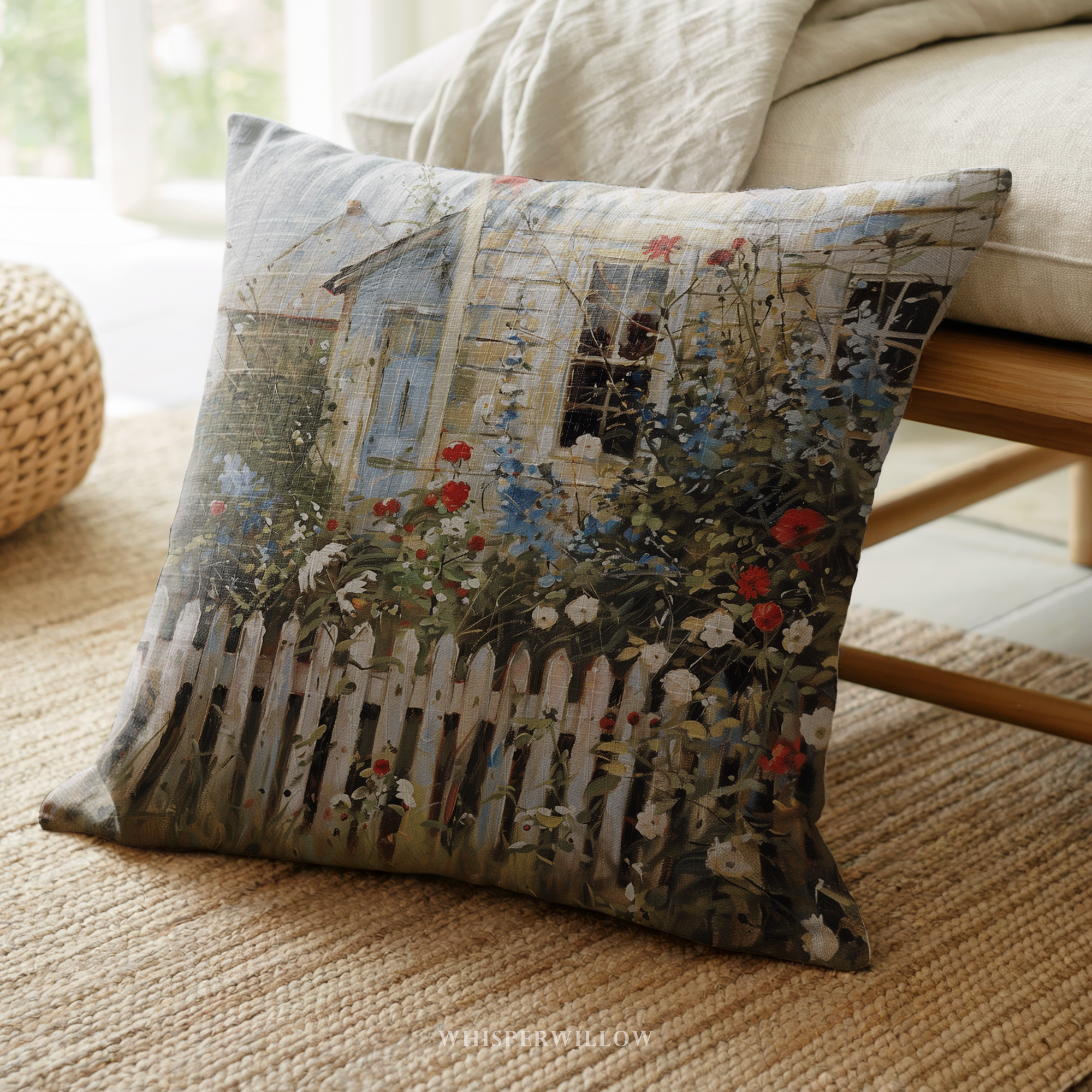Cottage Garden Throw Pillow and Case - Country Floral Farmhouse Decor, Red Blue Patriotic Wildflowers, Spring Summer Accent Cushion Gift