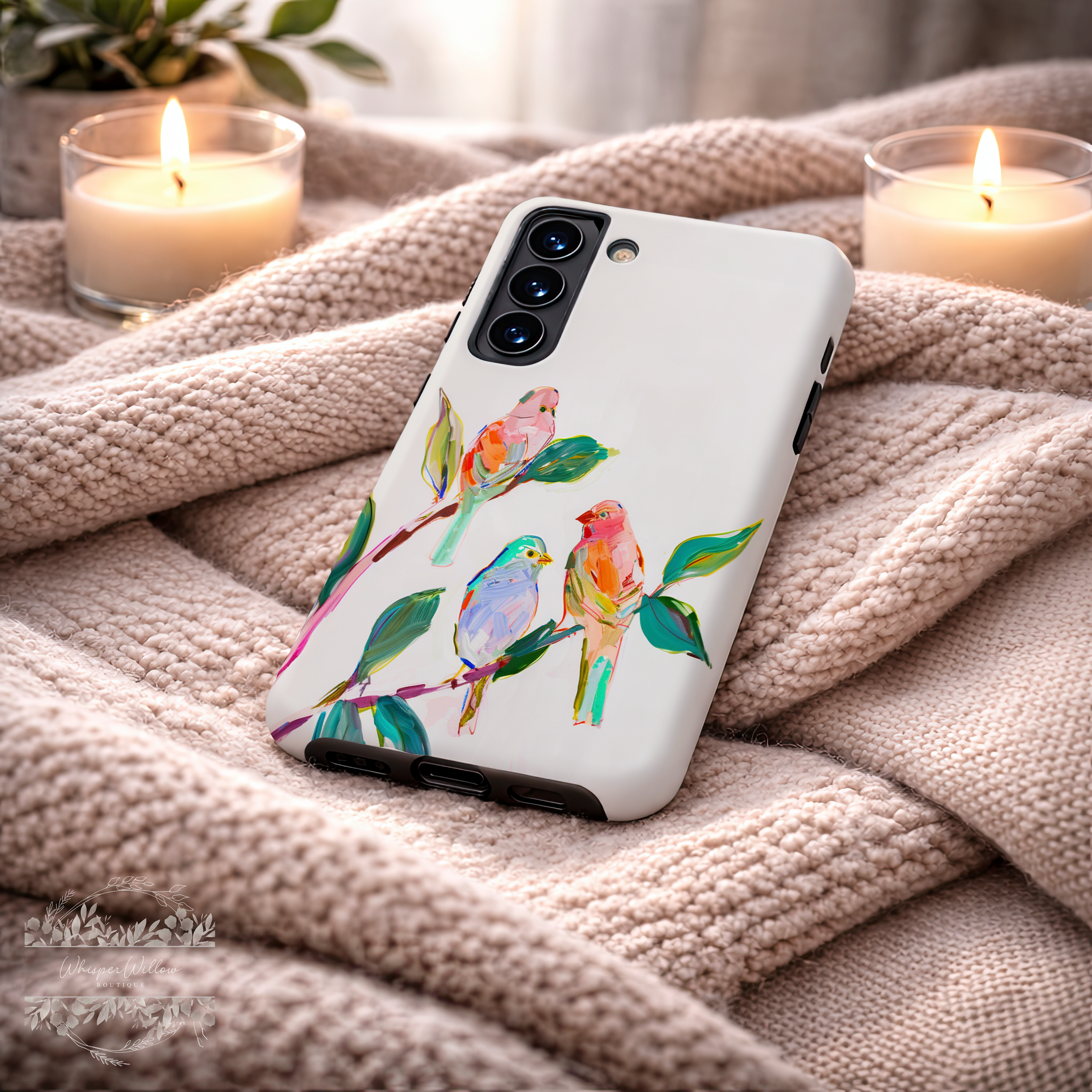 Colorful Bird Branch Art Tough Case | Compatible with Samsung Galaxy Android Phones | Dual Layer Shockproof Protective Cover | Matte Finish