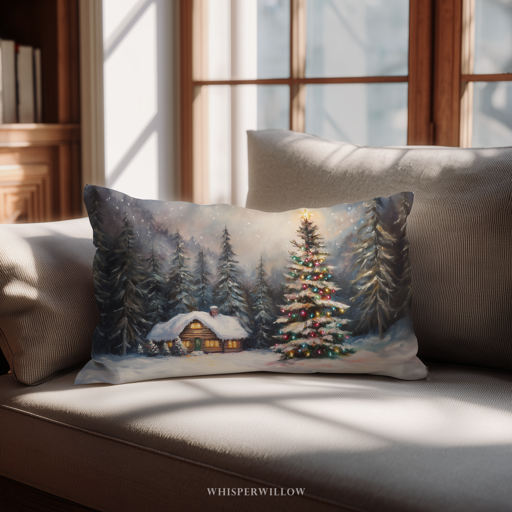 Gemütliches Hütten-Dekokissen – Weihnachtslichter-Winterwunderland-Kissen