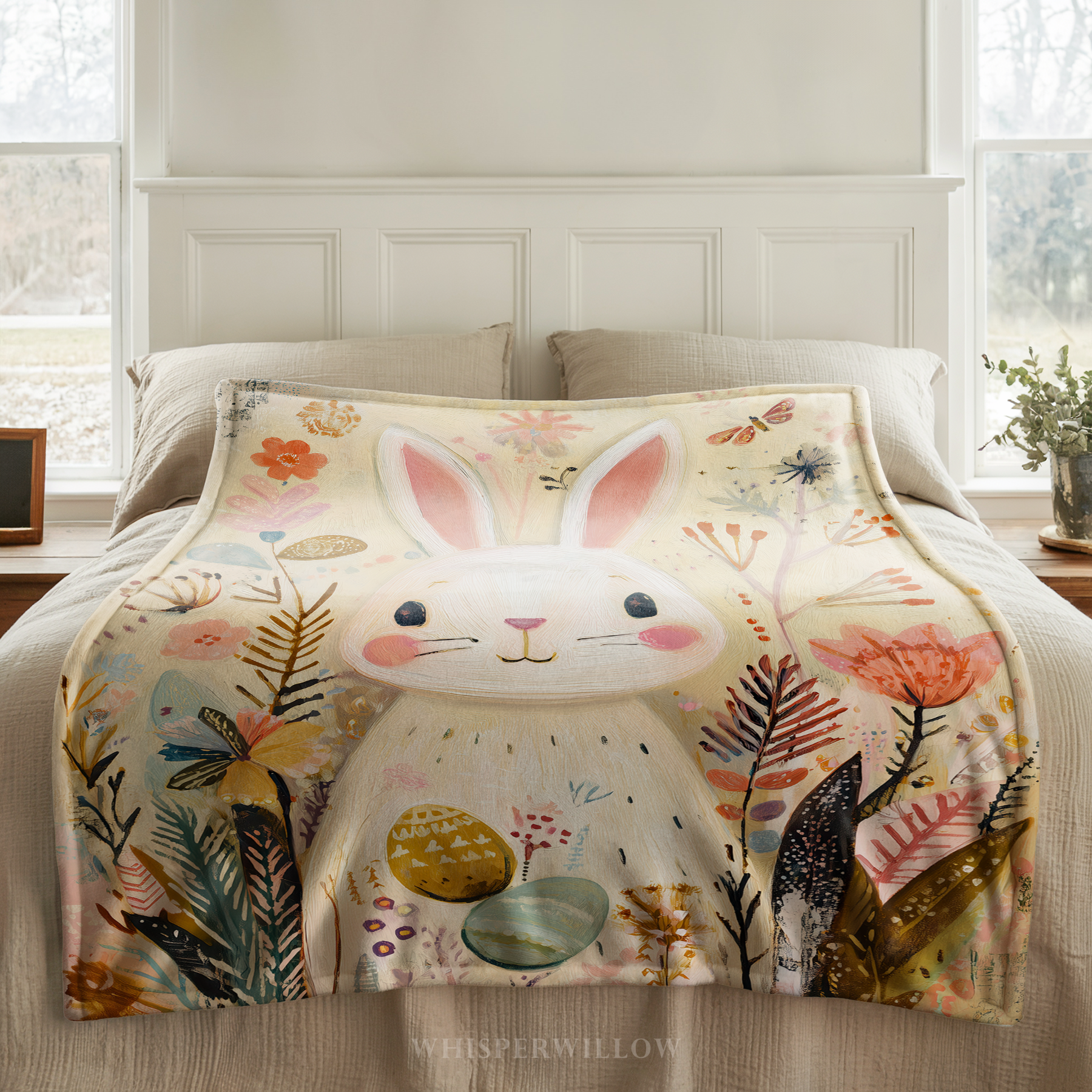 Whimsical Easter Bunny Throw Blanket, Spring Pastel Floral Design, Cute Rabbit Cottagecore Nursery, Cozy Plush Gift for Kids Gift
