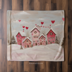 Valentinstag-Kuscheldecke „Rosa Dorf“ – Herz-Schnee, gemütliches romantisches Winter-Geschenk mit verspielten Liebeshäusern
