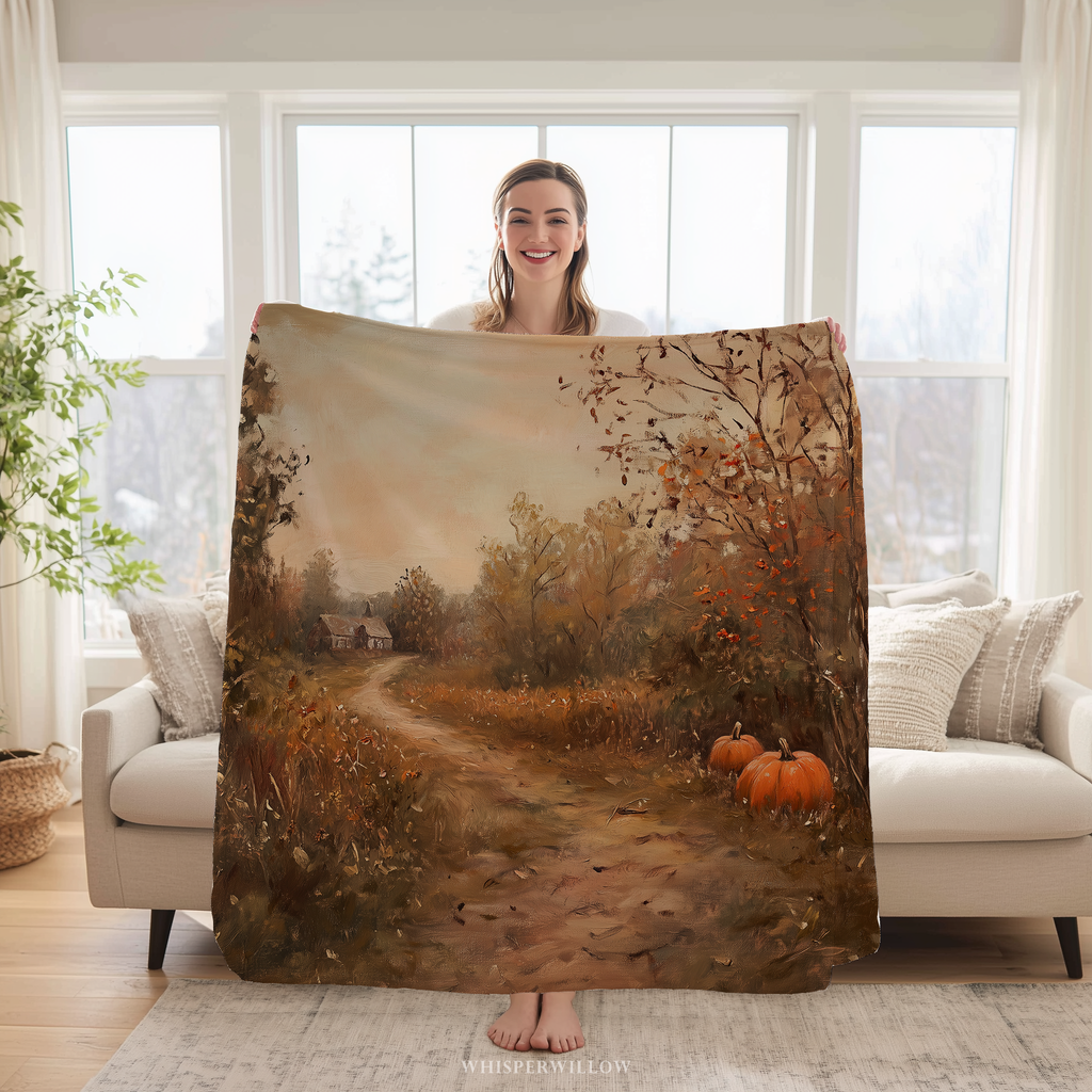 Autumn Pumpkin Path Throw Blanket - Fall Countryside Rustic by WhisperWillow Studios Home Decor Gift