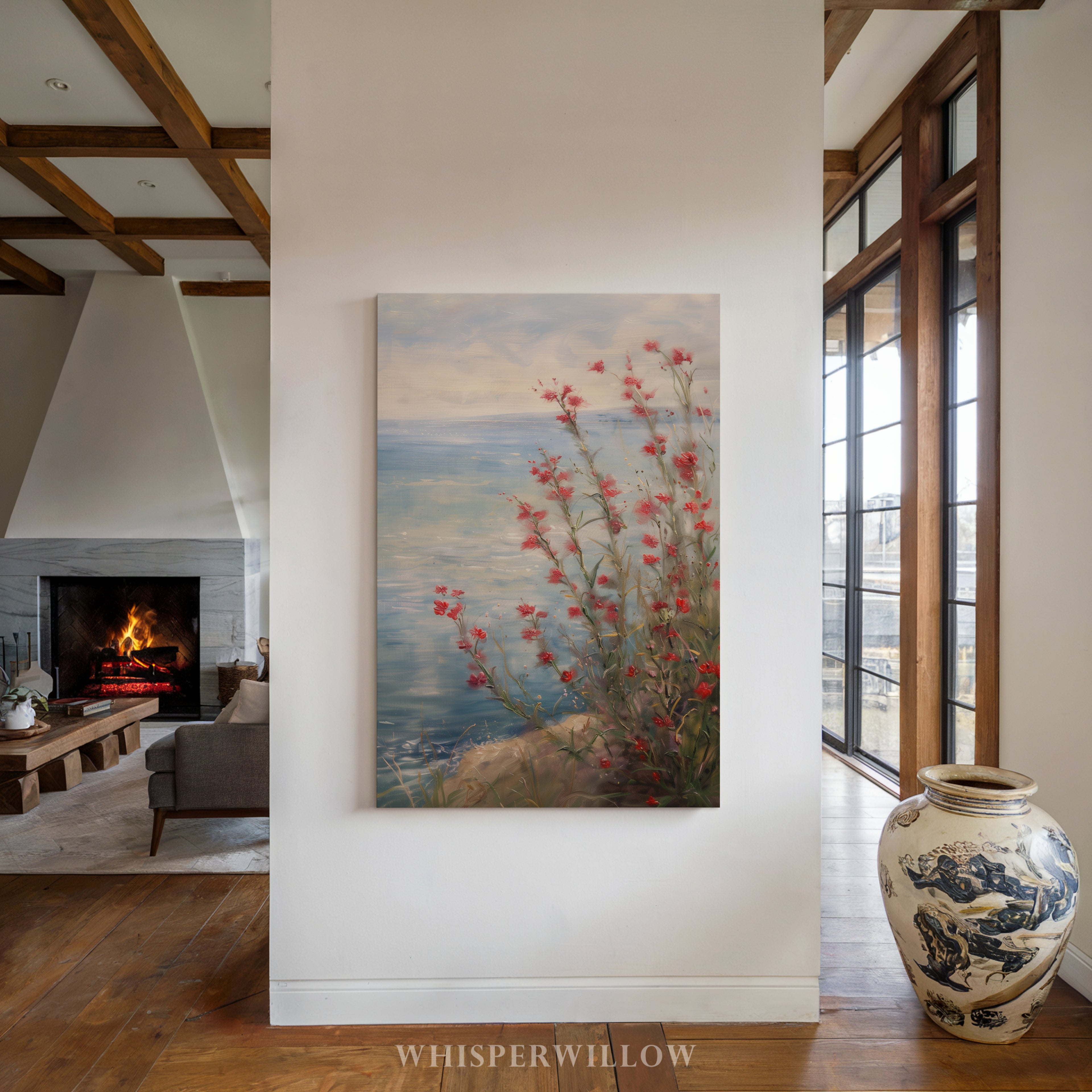 Leinwandbild mit roten Küstenwildblumen | Blumendesign zum Unabhängigkeitstag | Sommerdeko zum 4. Juli, Botanische Meeresmotive