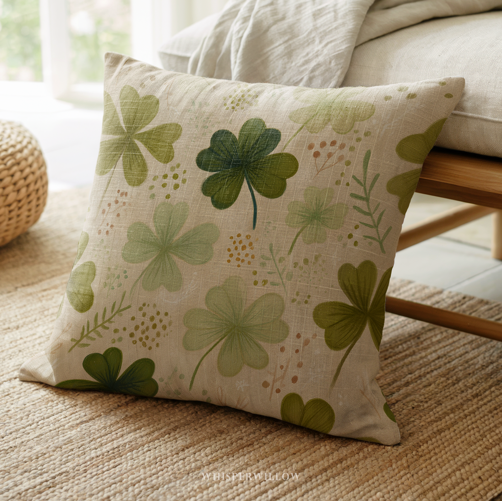 St Patrick Clover Throw Pillow, Green Shamrock Floral Botanical Design, Spring Cottage Decor Cushion, Gift for Kids and Adults