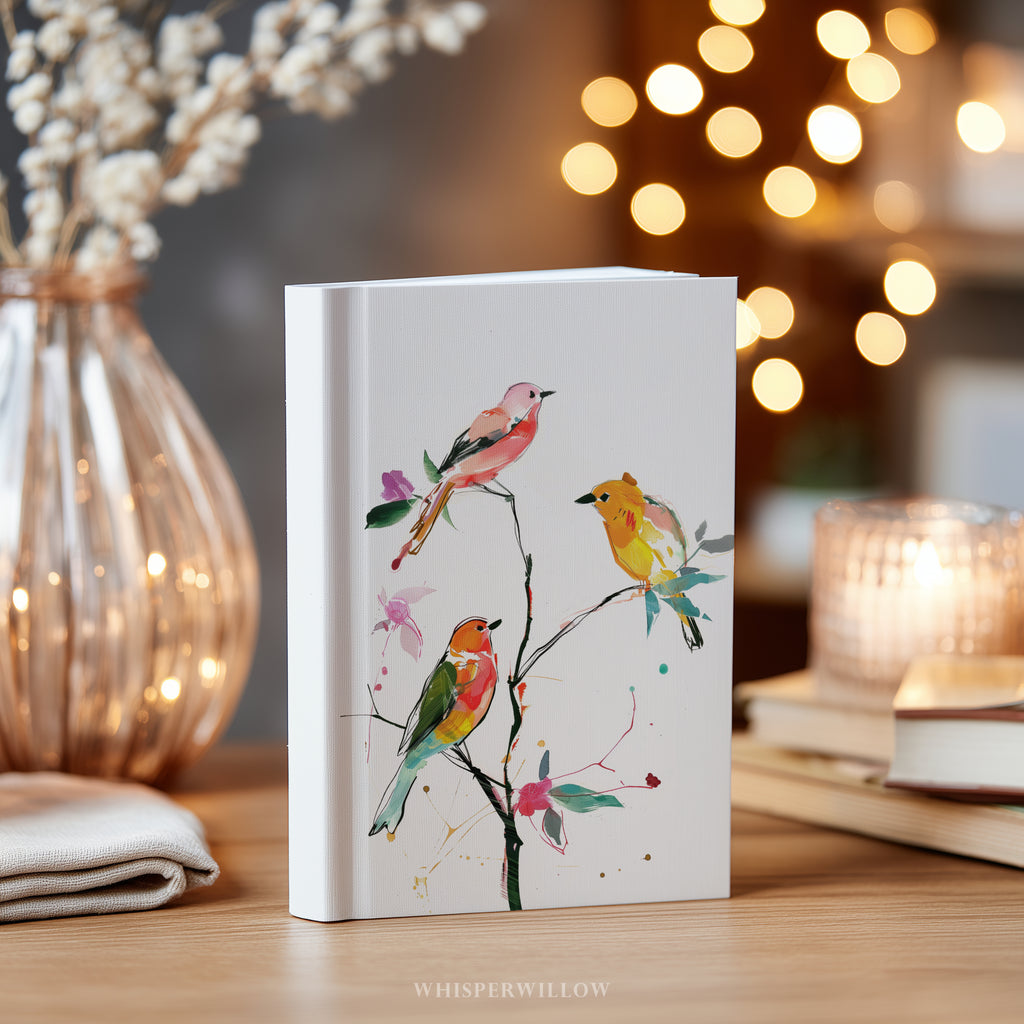 Buntes Notizbuch mit Singvögeln (Hardcover) – Botanischer Zweig, Vogelmotiv, Geschenkidee