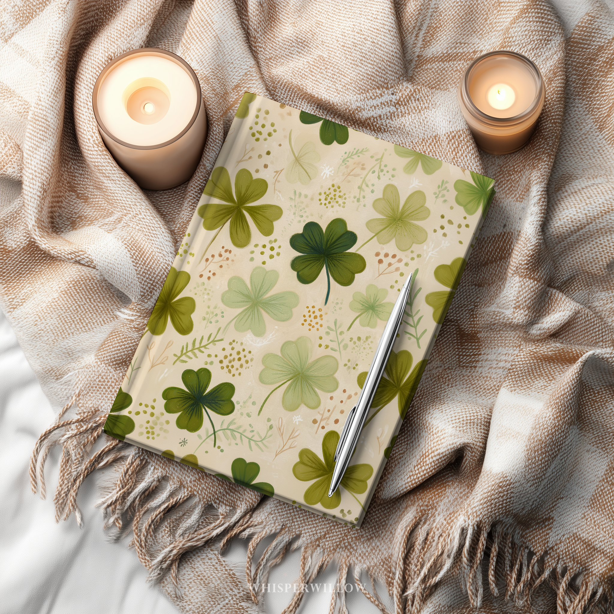 St Patrick Shamrock Hardcover Journal, Floral Clover Premium Notebook, Green Botanical Design, 8x5.75 Lined Pages Gift
