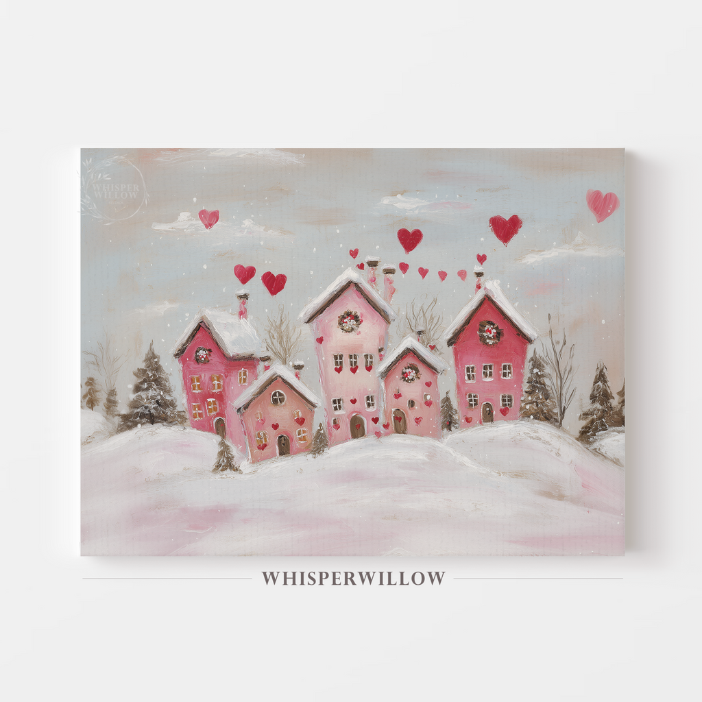 Winter love house pink hearts canvas wall art by WhisperWillow Studios home decor gift